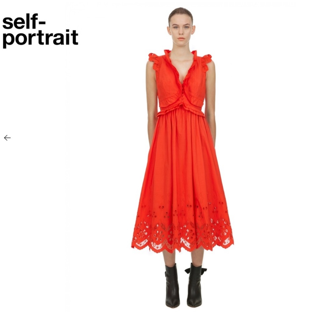 Self-Portrait Broderie Embroidered Lace Red Midi Dress size 6